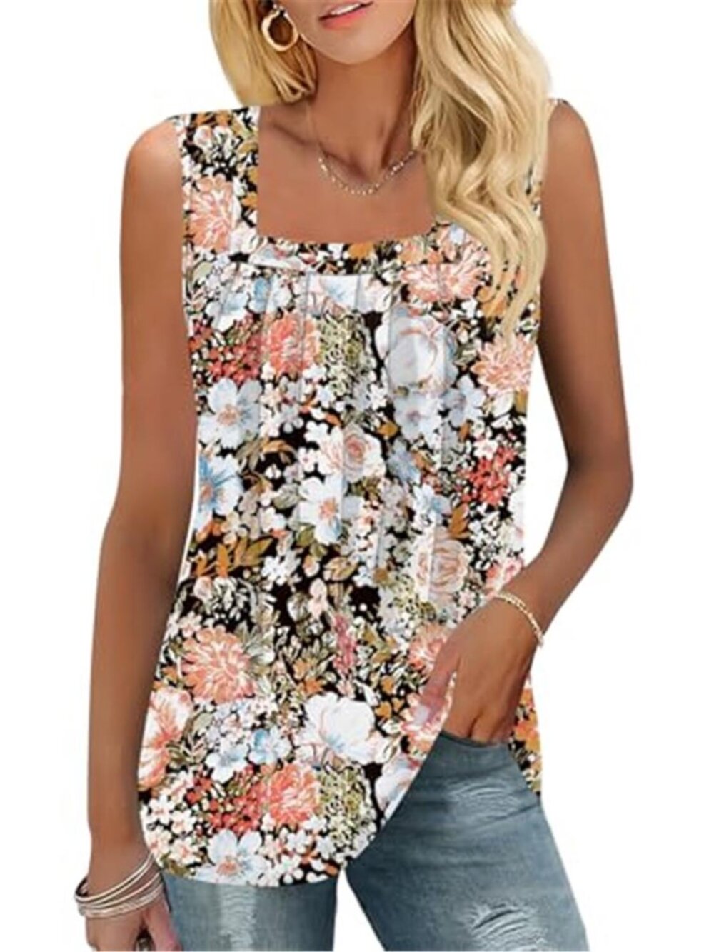 Womens Square Neck Tank Top Pleated Sleeveless Casual Summer Blouse Loose Fit